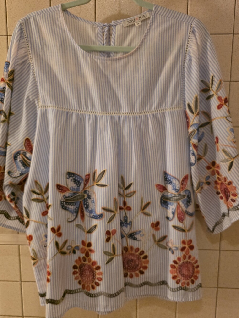 Womans Joy Joy Light Blue Striped Embroidered Floral Peasant Tunic